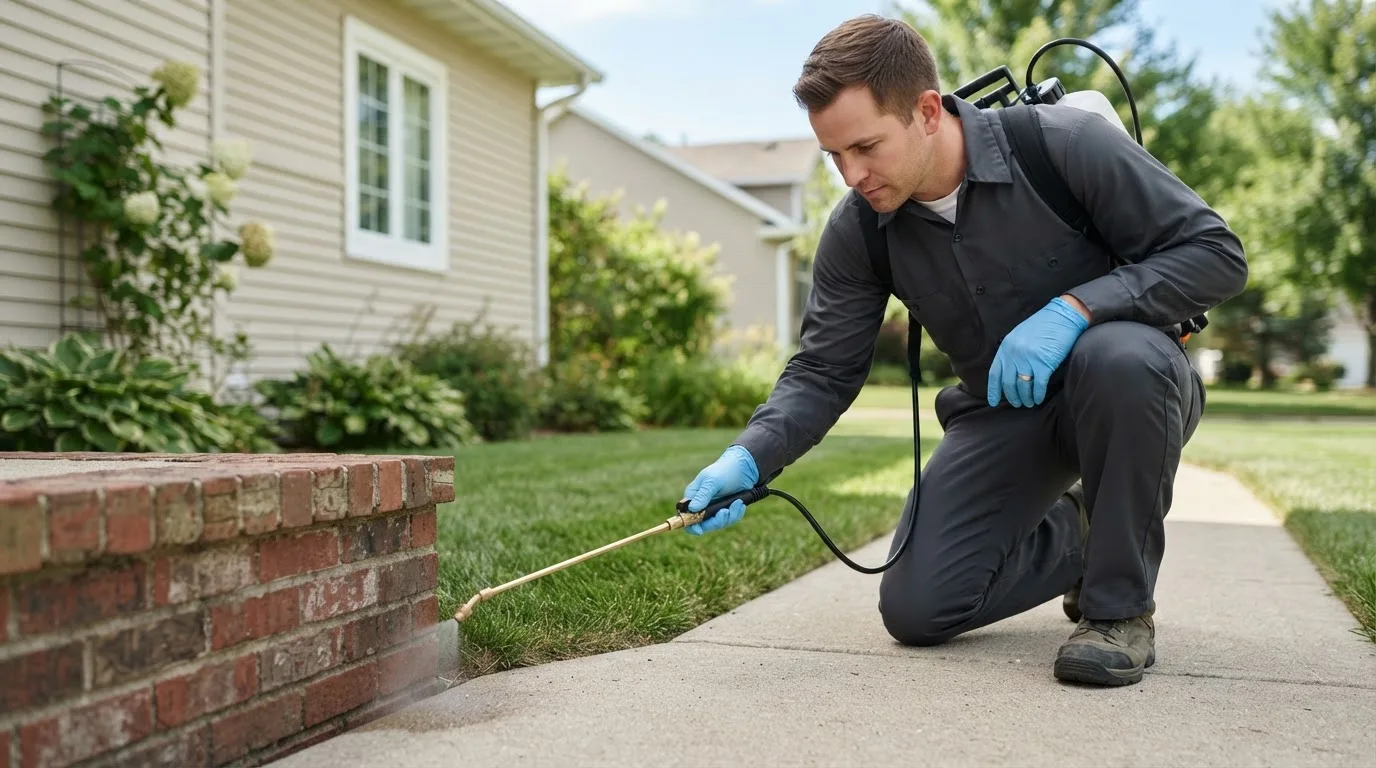 Pest control technician treating a home near Peru, IA
