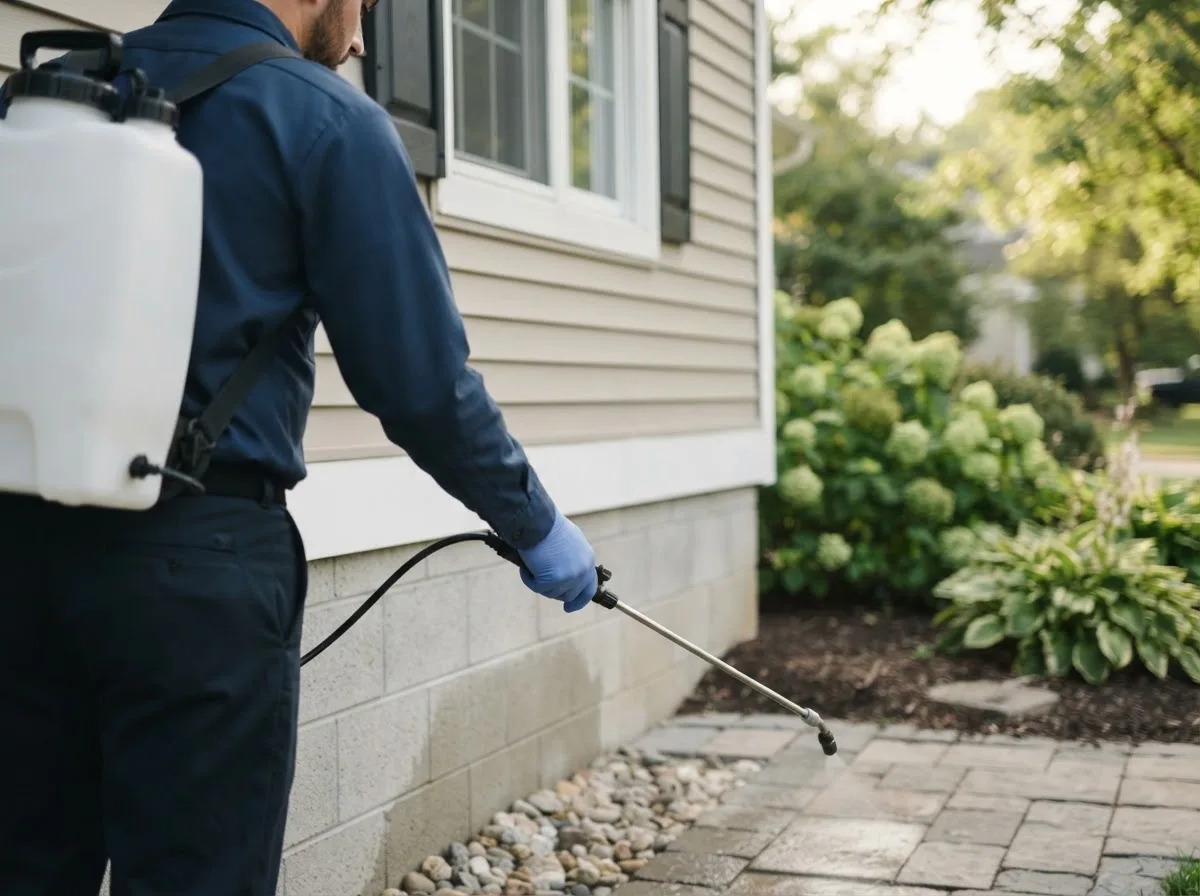 Pest control technician inspecting a home in Peru, IA